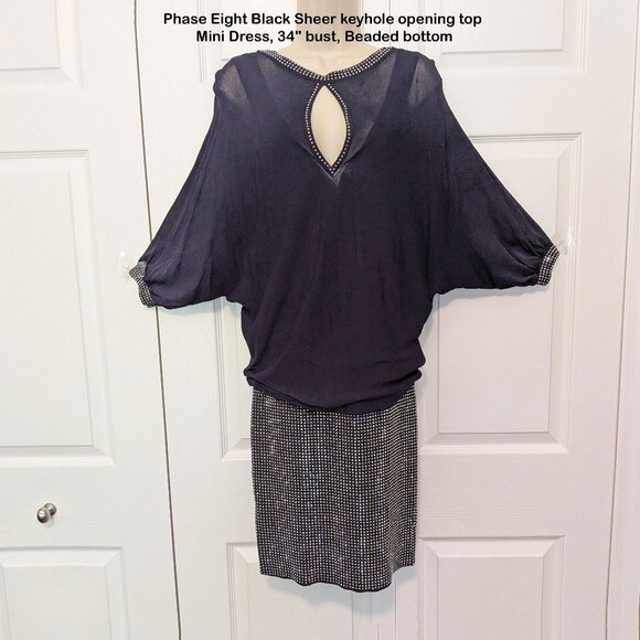 Phase Eight Black Sheer keyhole opening top Mini Dress, 34" bust, Beaded bottom - Picture 1 of 17